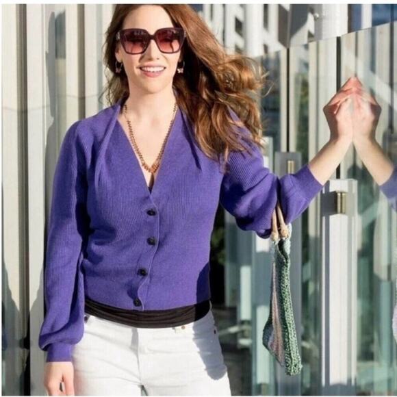 Cabi 5834 Womens Purple Sunday Cardigan Balloon Sleeve Button Down V Neck Medium - Picture 1 of 13